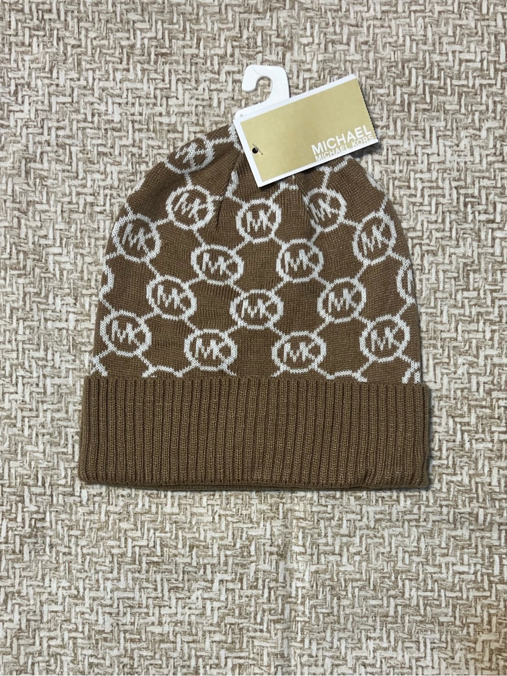 Michael Kors MK Logo Monogram Knit Beanie Tan White
